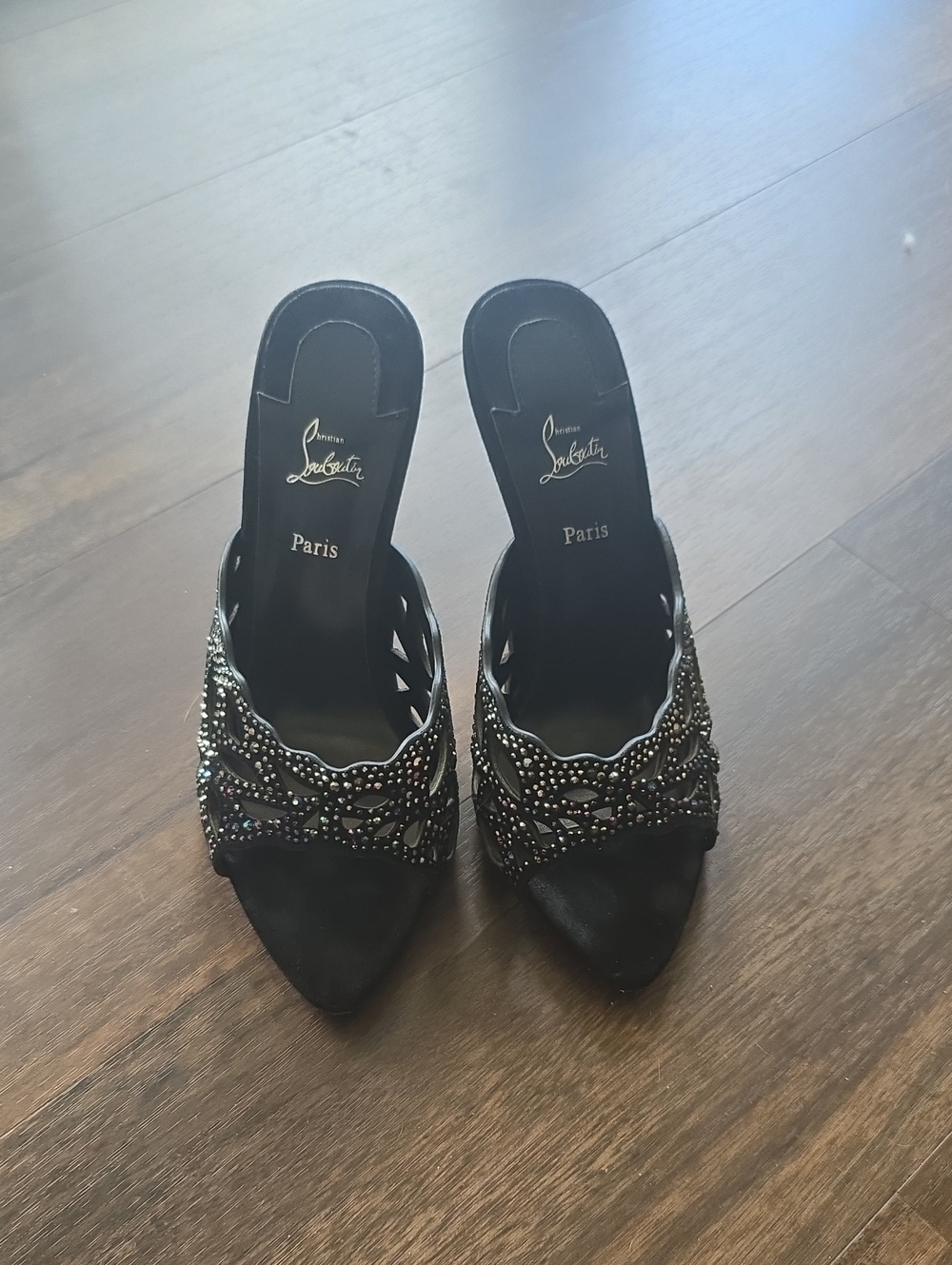 Christian Louboutin Black Crystal-Embellished Pointed Toe Mules